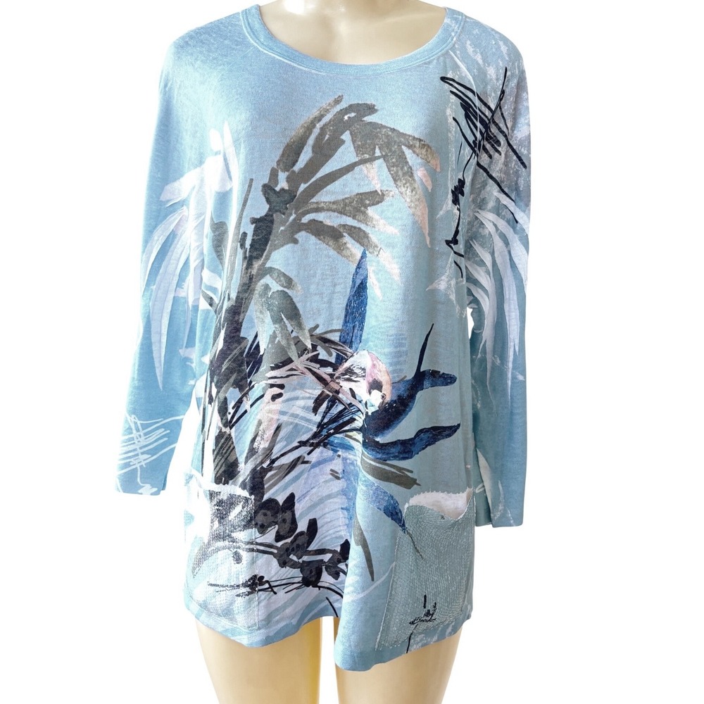 Impulse California XL Blue Bird Print Tunic Top Sequined Pockets Made USA